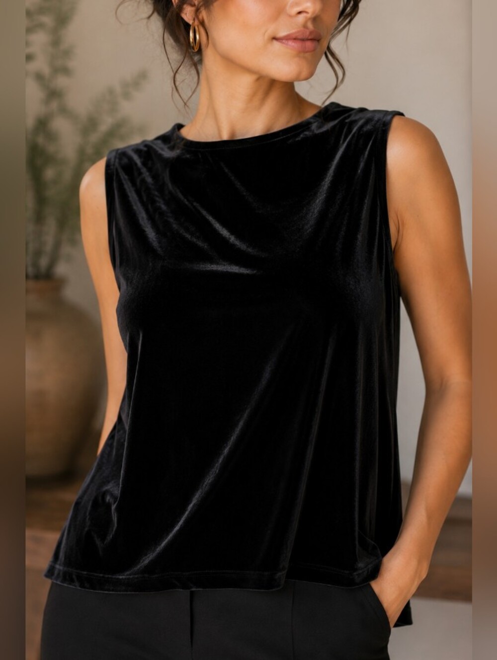 Allison Daley  Black Stretch Velvet Sleeveless Top